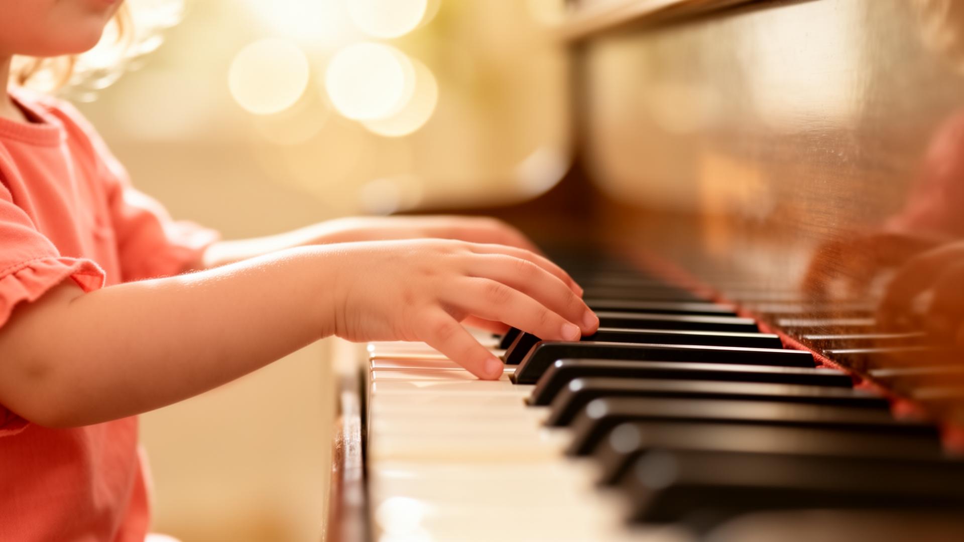 Child playing piano with joy